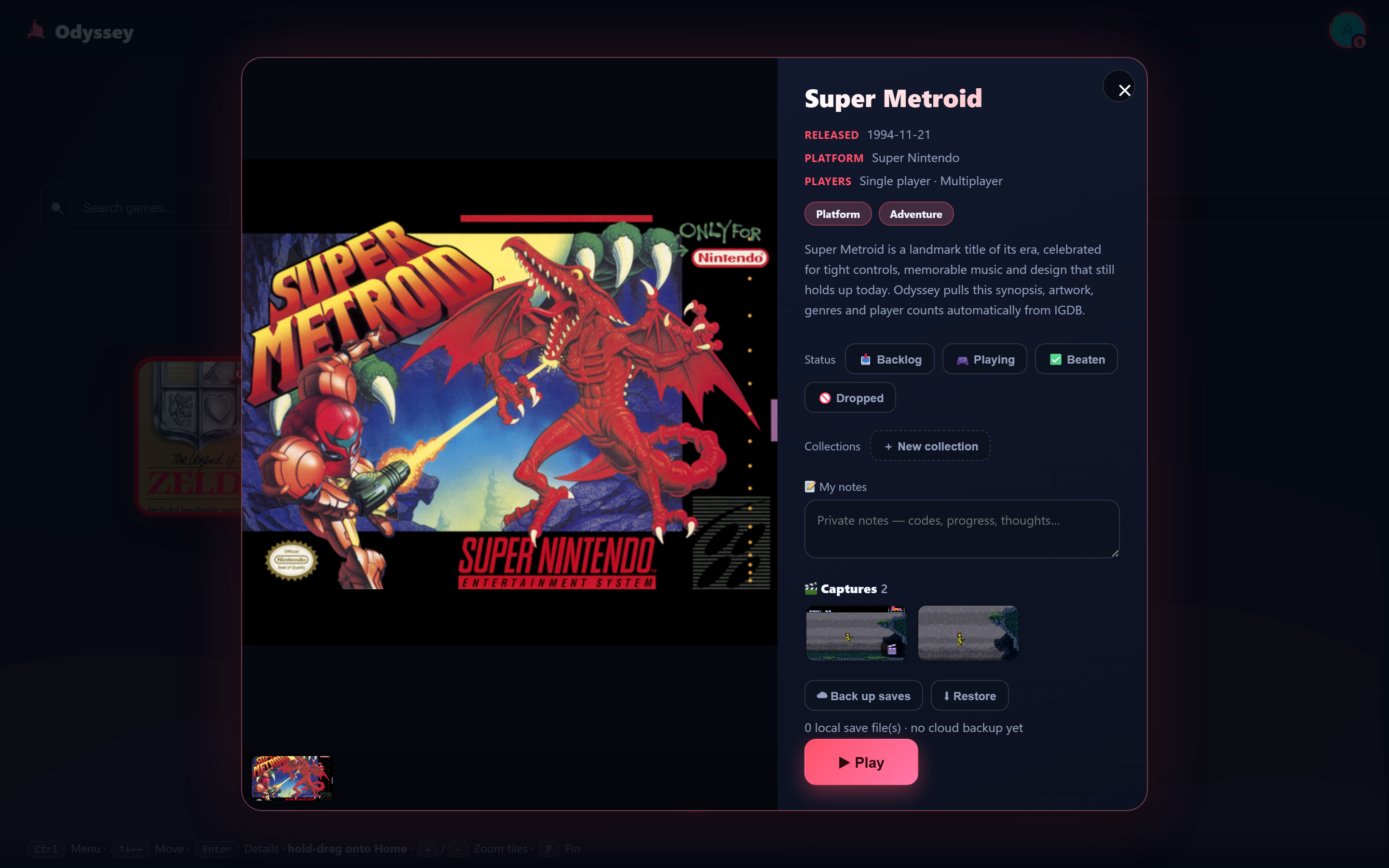A game detail page with metadata and captures