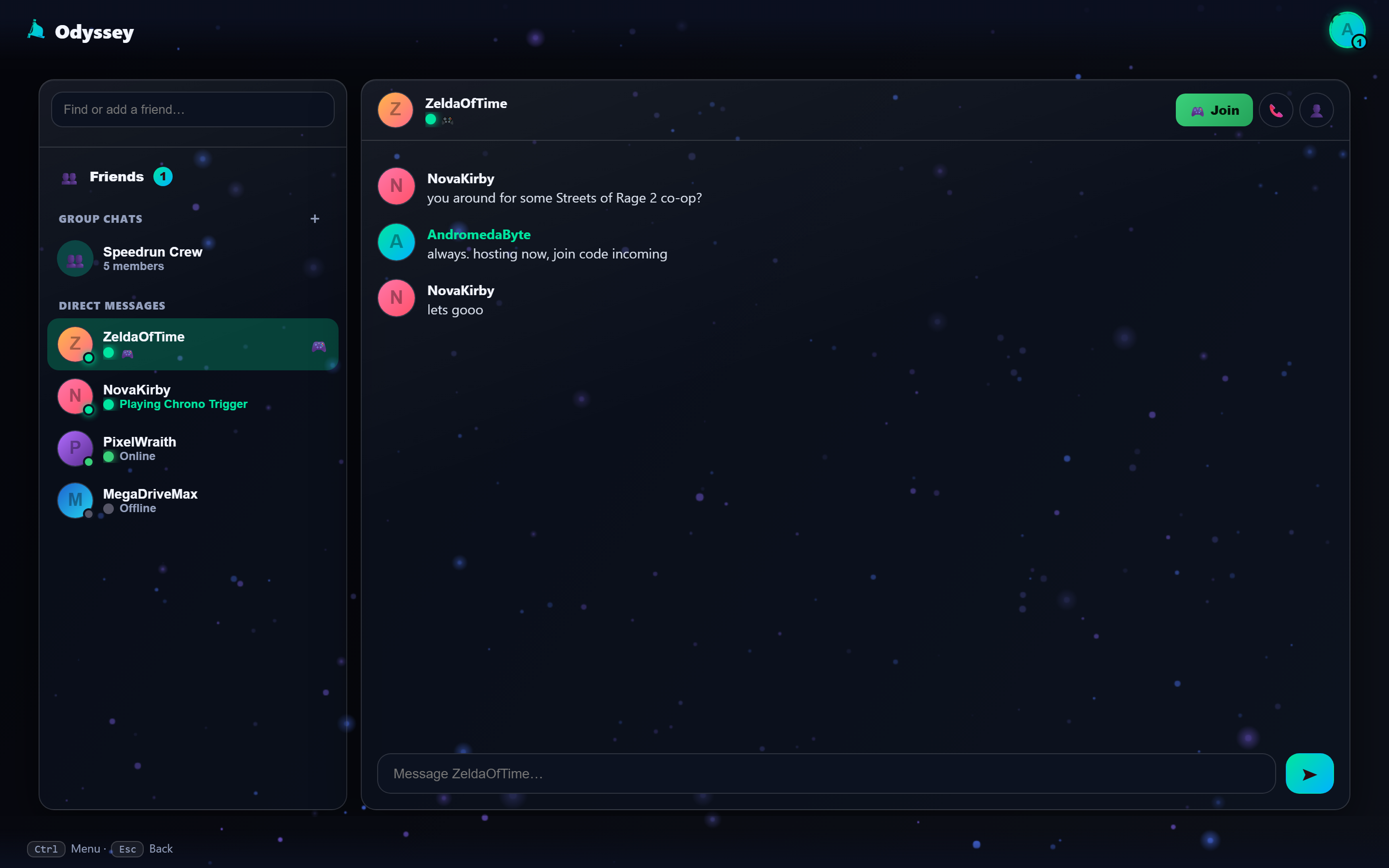 Friends list with a direct message open