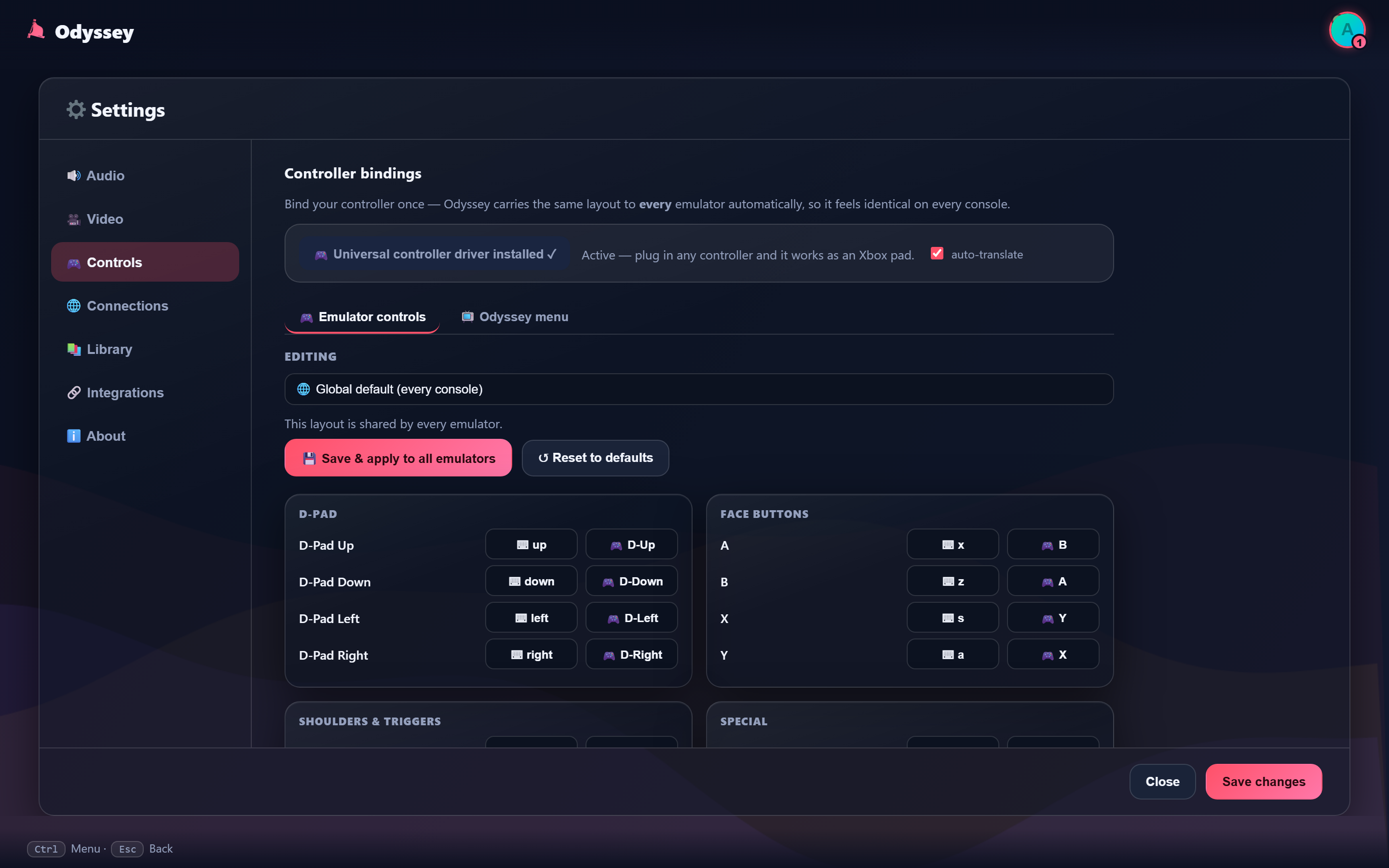 Controls settings